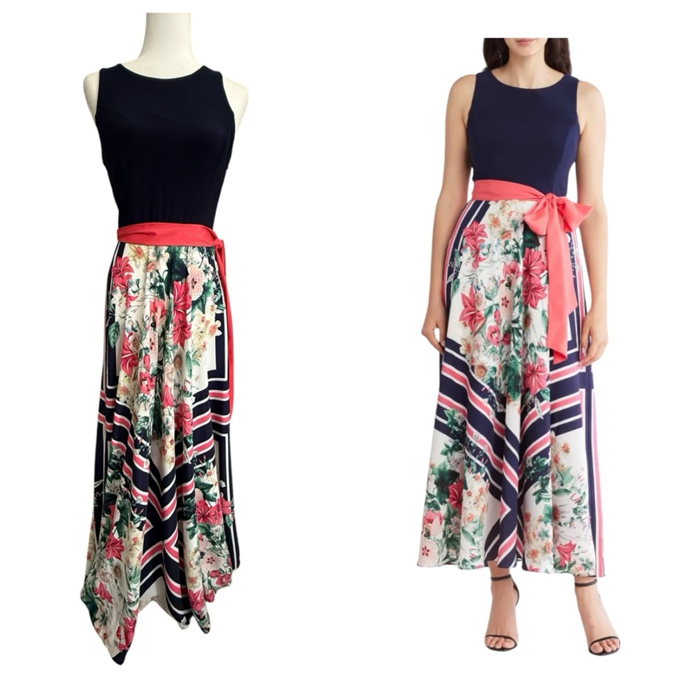 Eliza J Floral Twofer Maxi Dress Floral Scarf Print 6 Navy Handkerchief Hem